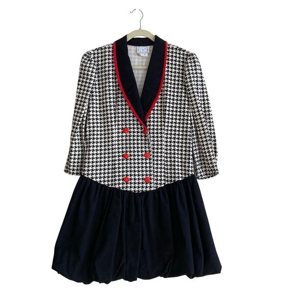 Vintage 80s Black White Houndstooth Double Breasted Bubble Hem Dress Sz Medium - Picture 1 of 16